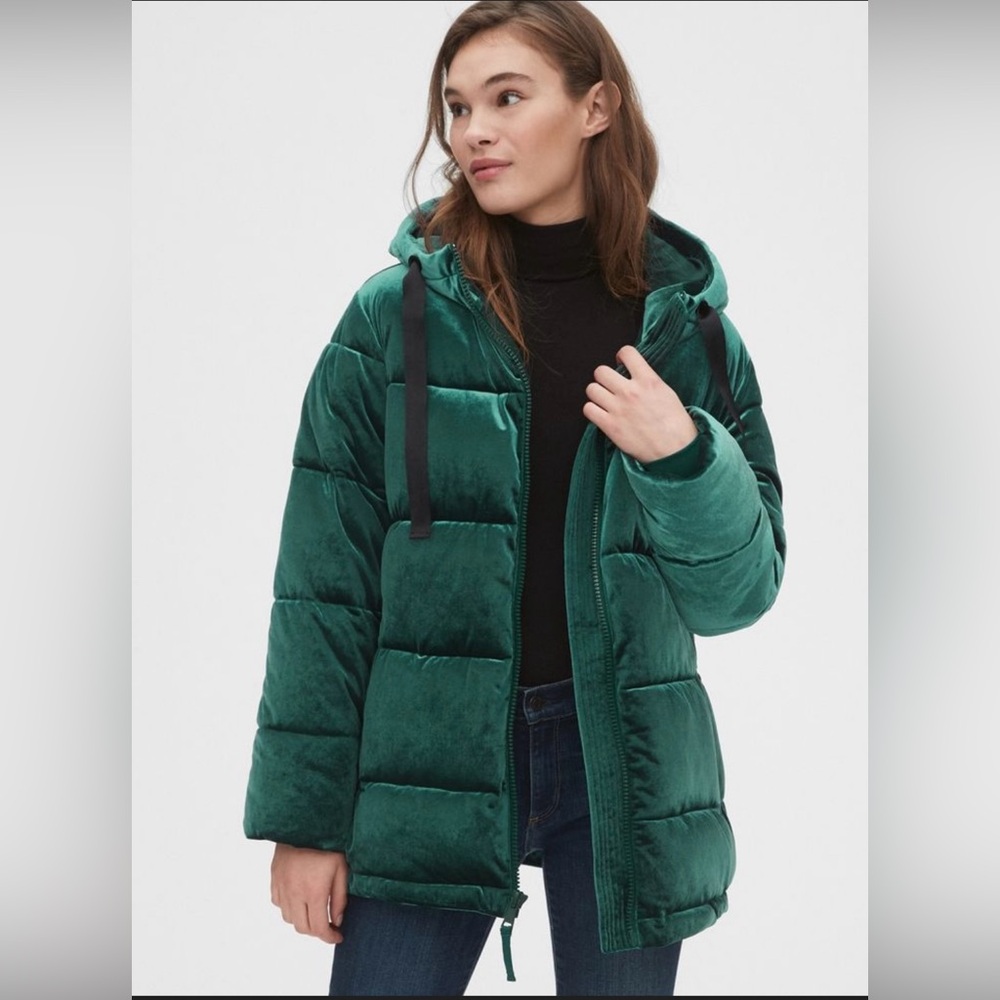 GAP Green Velvet Puffer Jacket with Hood